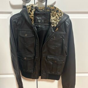 Obey Black Leather Jacket with Leopard Print Faux Fur Hood